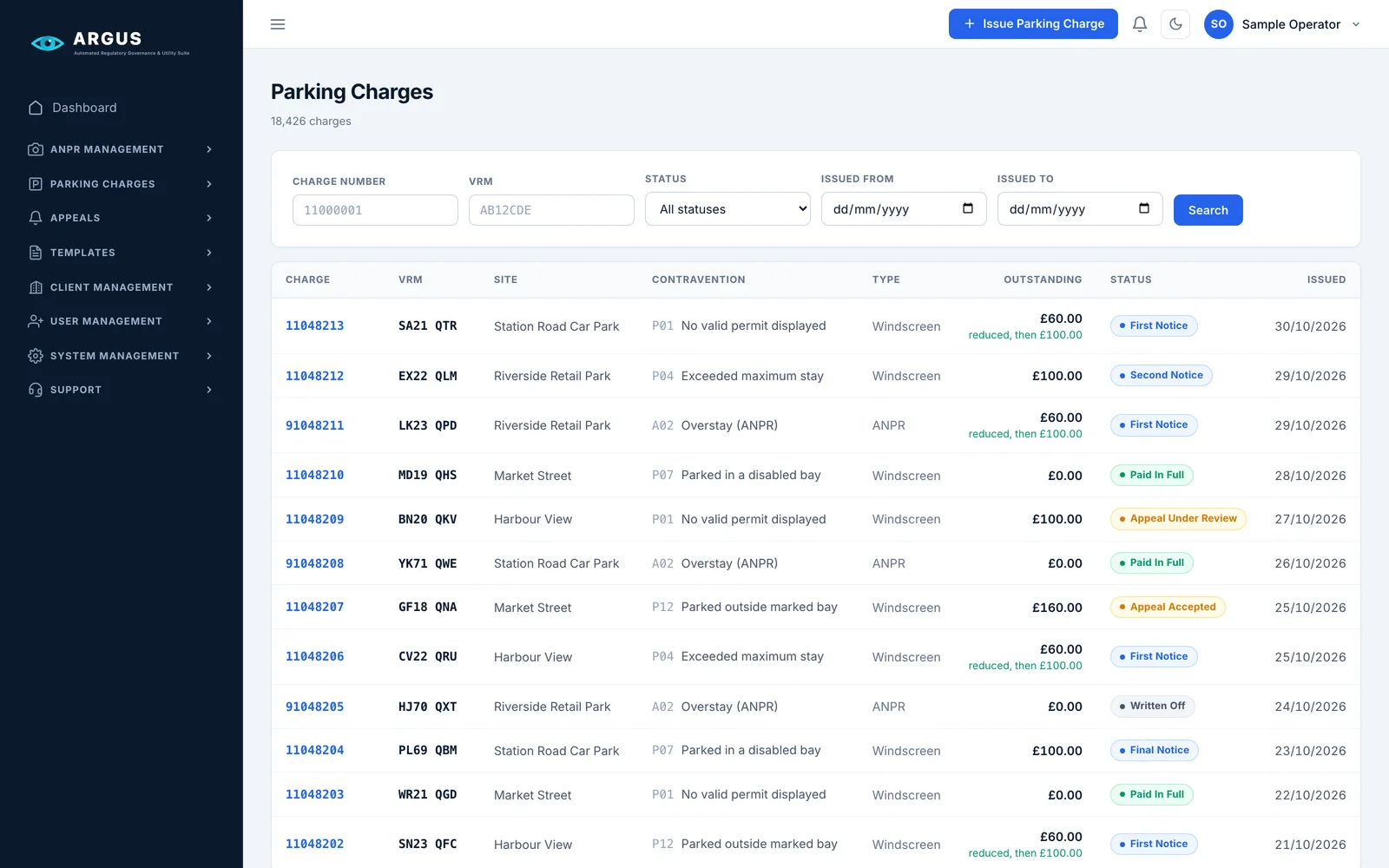 ARGUS parking charges list, searchable by charge number, vehicle, status and date.
