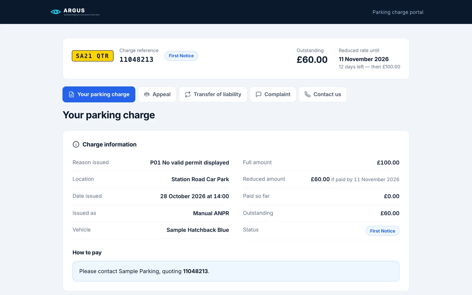 ARGUS public portal showing a motorist’s parking charge, with options to appeal, transfer liability or complain.
