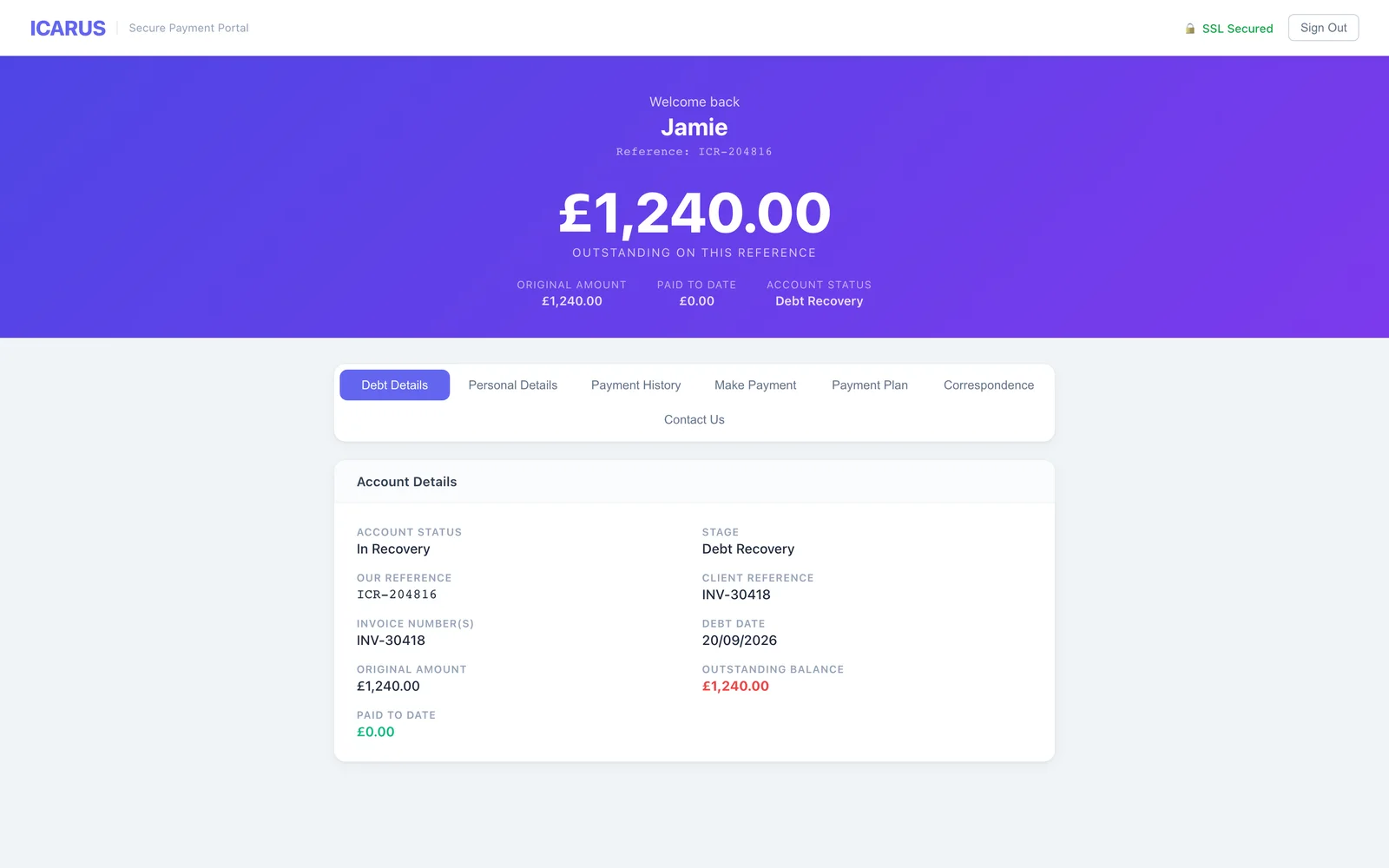 ICARUS secure payment portal showing the debtor’s balance, with tabs for making a payment or setting up a plan.