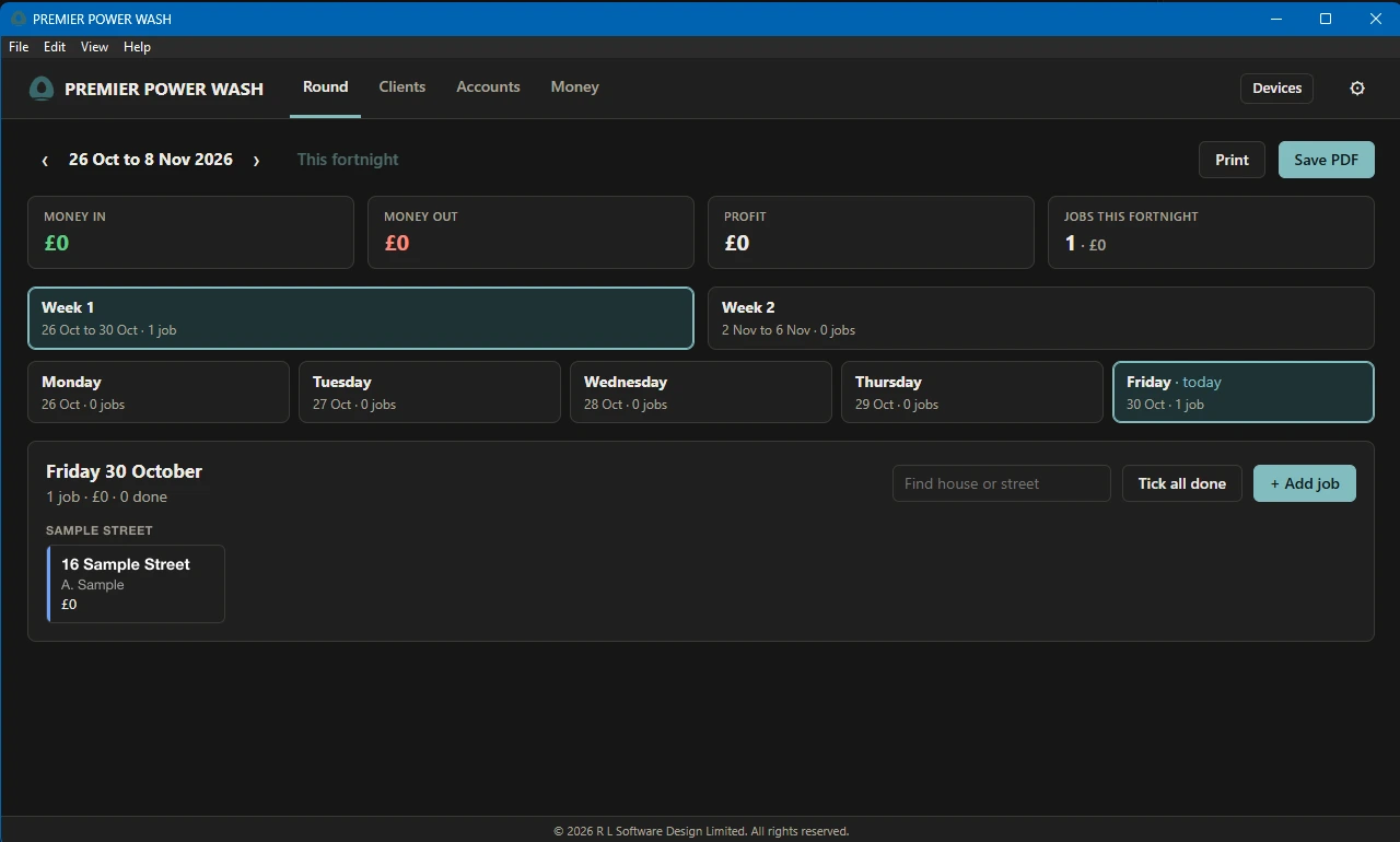 The Premier Power Wash desktop app on Windows, showing fortnight totals, week and day tabs, and a house card.