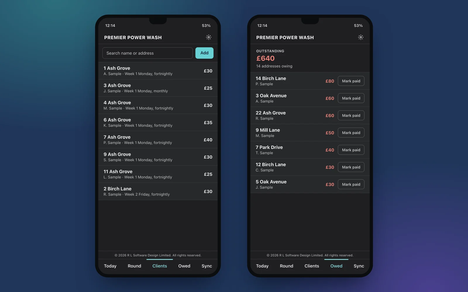 Illustration of the phone app’s Clients tab, listing clients and their round days, and its Owed tab, listing what each address owes.